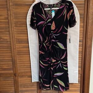 Maggy London Black Midi Dress with Pink and Green Leaf Design